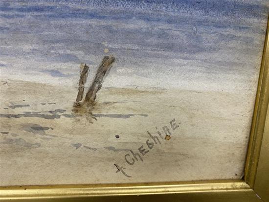 F Cheshire, watercolour, Beached fishing boat in a coastal landscape, signed, 34 x 52cm